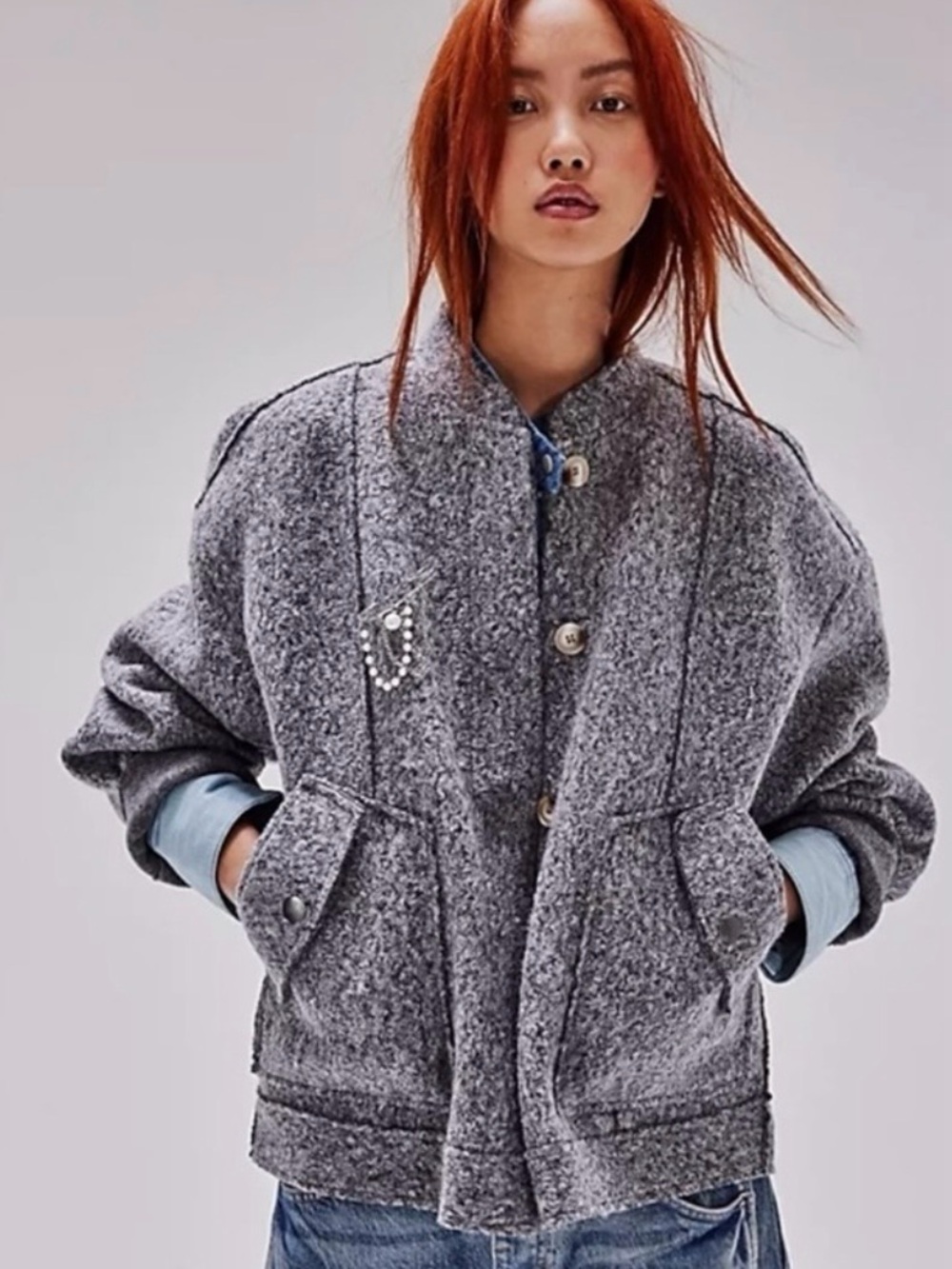 Free People Oversized Willow Bomber Jacket in Grey Size Large Academia Preppy
